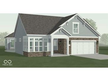 Charming home with a stone front, light blue siding, and a two-car garage at 14892 Higgins Dr, Westfield, IN 46074