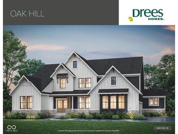 Beautiful exterior of the Oak Hill model featuring white and dark siding and coordinated trim at 10201 - Lot 2 N Alford Rd, Fortville, IN 46040