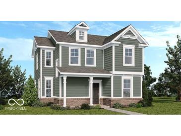 Charming two-story home with a covered porch, detailed trim, and green siding at 9148 Anthem Ave, Plainfield, IN 46168