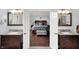 Bedroom view through bathroom doors features a bed with grey quilt, wood floors, and grey ottoman at 8819 Anchor Bay Ct, Indianapolis, IN 46236