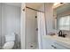 Updated bathroom with a subway tile shower, modern fixtures, and a white vanity sink at 1433 E Fletcher Ave, Indianapolis, IN 46203