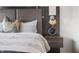 Close-up of a bedroom with a modern headboard, patterned pillows, and stylish nightstand at 806 7Th St, Columbus, IN 47201