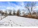 The backyard is covered in snow, offering a view of the bare trees, storage shed and fenced in yard under a cloudy, blue sky at 5845 Rawles Ave, Indianapolis, IN 46219