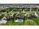 A high angle shot showcasing a backyard pool and landscaped lawn amongst a community of luxurious homes at 11492 Hanbury Manor Blvd, Noblesville, IN 46060