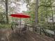 Outdoor deck area featuring seating, an umbrella, and scenic views of the surrounding lake at 6486 Coyote Dr, Nineveh, IN 46164