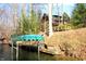 A dock with a covered seating area extends into the water, with a glimpse of the house nestled among trees at 6486 Coyote Dr, Nineveh, IN 46164