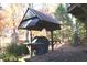 Outdoor grill area with a sheltered enclosure and wooden tables, surrounded by autumn leaves and trees at 6486 Coyote Dr, Nineveh, IN 46164