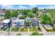 Aerial street view of newly built homes featuring colorful exteriors, manicured lawns, and neighborhood charm at 1218 Orange St, Indianapolis, IN 46203