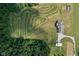Overhead shot of a home with a unique lawn design and mature trees at 9083 W Koger Ln, Martinsville, IN 46151