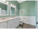 Bathroom features a double sink vanity, framed mirrors, and paneled accent wall at 9083 W Koger Ln, Martinsville, IN 46151