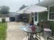 Backyard patio boasts comfortable seating areas and an umbrella for shade at 6438 Doris Dr, Indianapolis, IN 46214