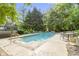 Inviting backyard pool surrounded by lush trees, lounge chairs, and a basketball hoop at 11633 Trail Ridge Pl, Zionsville, IN 46077