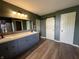 Bathroom featuring a modern double vanity, stylish barn door and green paint at 5656 Buck Dr, Noblesville, IN 46062