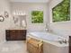 Main bathroom with double vanities, soaking tub, and bright natural light and garden views at 9943 Irishman'S Run Ln, Zionsville, IN 46077