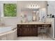 Vanity and tub with bright natural light and garden views in main bathroom at 9943 Irishman'S Run Ln, Zionsville, IN 46077