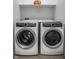 Efficient laundry room featuring Electrolux washer and dryer with storage shelf above at 729 Greenford N Trl, Carmel, IN 46032