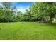 Spacious backyard featuring mature trees, lush green grass, and a play set with a slide and swings at 2747 E Midland Rd, Indianapolis, IN 46227