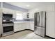 Modern kitchen featuring stainless steel appliances, blue backsplash, and white cabinets at 1127 S Pershing Ave, Indianapolis, IN 46221