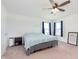 Bright bedroom with neutral carpet, a ceiling fan, and two large windows with dark curtains at 1130 Cobra Dr, Franklin, IN 46131