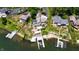 Stunning aerial view of waterfront home with lush green lawns and private boat dock at 4161 S Summit Ln, Columbus, IN 47201