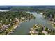 Scenic aerial view of lake houses nestled along the lush green shoreline at 4161 S Summit Ln, Columbus, IN 47201