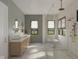 Bright bathroom featuring a double vanity, soaking tub, and glass-enclosed shower with dual shower heads at 1717 Beaufain St, Carmel, IN 46032