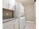 Close up shot of a stacked washer and dryer with granite countertop and white cabinets at 504 N Park N Ave # 4, Indianapolis, IN 46202