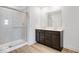 Modern bathroom with double vanity and shower at 5759 Cr W 750 N, McCordsville, IN 46055