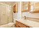 Bathroom featuring a toilet, mirror, sink, vanity, and shower at 5861 S 100 W, Fountaintown, IN 46130