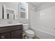Bathroom featuring wood-look floors, granite-look vanity, toilet and tub-shower combo at 4193 Bozeman Way, Bargersville, IN 46106