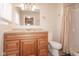 Bathroom with vanity and sink, toilet, mirror, and shower with curtain at 741 Greer St, Indianapolis, IN 46203