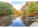 Scenic pond reflecting fall foliage, complemented by a small wooden dock with a blue canoe, and surrounding lush trees at 7258 N Richardson Dr, Morgantown, IN 46160