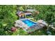 Aerial view of a backyard with a pool, landscaped areas, and an outdoor entertaining space at 2505 Riverside Dr, Columbus, IN 47201