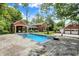 Backyard featuring a rectangular pool, brick pool house with fireplace, and bluestone patio area at 2505 Riverside Dr, Columbus, IN 47201