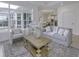 Bright living room features neutral decor, and a view into the kitchen area with white cabinets and stainless appliances at 2639 Collins Dr, Westfield, IN 46074