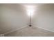 This bedroom has neutral carpet and walls plus a modern floor lamp for ample lighting at 975 Red Hills Ct, Lebanon, IN 46052