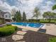 Backyard swimming pool with stone edging, lush landscaping, and a view of the home's exterior at 5784 N 600 E, Greenfield, IN 46140
