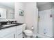 Well-lit bathroom features a vanity sink, toilet, and glass-enclosed shower at 7282 Zanesville Rd, Carmel, IN 46033