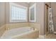 Bathroom showcasing a soaking tub with shower behind glass and tiled surround at 7290 Lockford Walk N, Avon, IN 46123