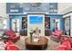 Elegant living room with a blue accent wall, built-in shelves, a modern fireplace, and comfortable seating at 287 Lar Lan Dr, Danville, IN 46122