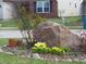 Well-manicured front yard with flowering daffodils, a large rock feature, and decorative landscaping at 744 Helm Dr, Avon, IN 46123