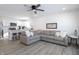 Open floor plan with kitchen island, gray sofa, and white cabinets at 1501 Coen Ct, Columbus, IN 47201
