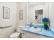 Bright bathroom with blue countertop, framed botanical prints, and accessibility handrail at 5527 Vin Rose Ln, Lawrence, IN 46226