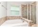 The bathroom features a tile-surround bathtub and a glass-enclosed shower at 5171 Alpine Violet Way, Indianapolis, IN 46254