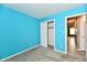 Bright bedroom with turquoise walls, carpet flooring, and closet at 11218 Boston Way, Fishers, IN 46038