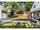 Spacious backyard featuring a garage, patio area, well maintained lawn, and privacy fence at 545 Fletcher Ave, Indianapolis, IN 46203