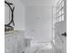 Bathroom with patterned marble flooring, vanity with storage, commode and glass enclosed shower at 12997 Bartlett Dr, Fishers, IN 46037