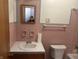 Traditional bathroom featuring pink tile, a sink, and a toilet at 6085 Manning Rd, Indianapolis, IN 46228