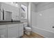 Clean bathroom with a sink vanity, toilet, and bathtub with a shower head at 3509 Wrangler Dr, Bargersville, IN 46106