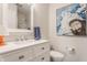 Bathroom with white vanity, toilet, and large art piece at 223 N Alabama St, Indianapolis, IN 46204